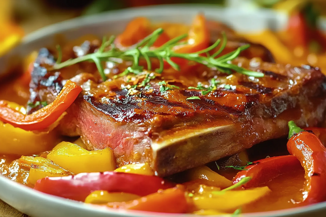Chuletón wołowy z pieczonymi paprykami
