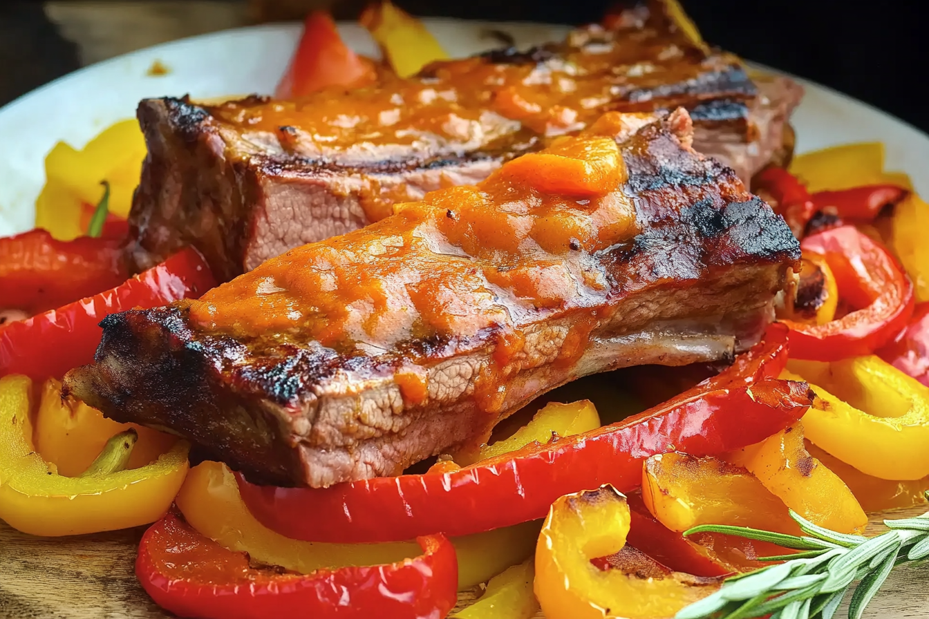 Chuletón wołowy z pieczonymi paprykami