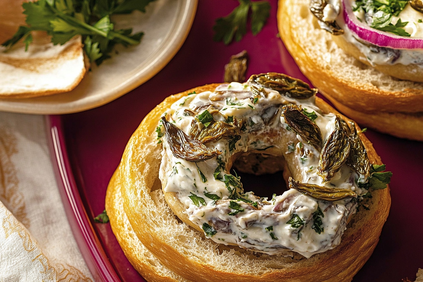 Bagel z sardynkami i serem