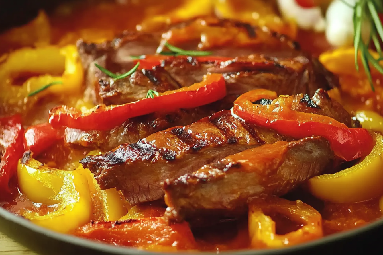 Chuletón wołowy z pieczonymi paprykami