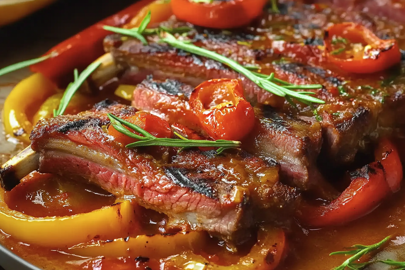 Chuletón wołowy z pieczonymi paprykami