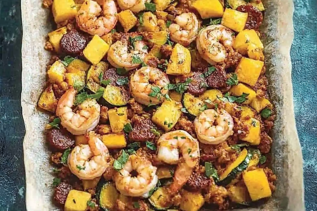 Krewetki z chorizo i mango