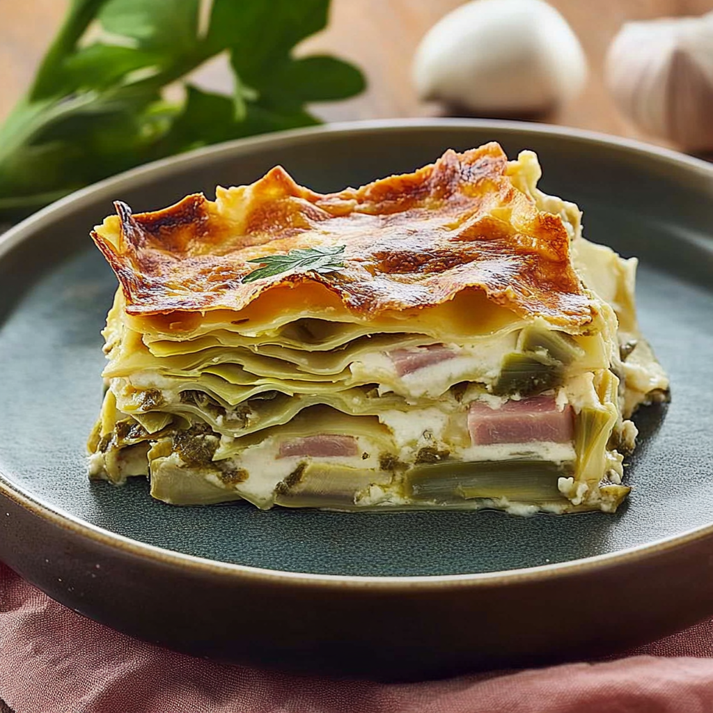 Lasagne z karczochami i szynką