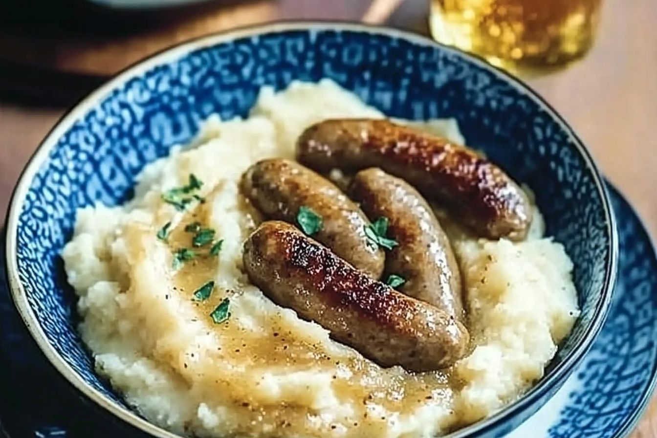 Kiełbaski z puree i sosem
