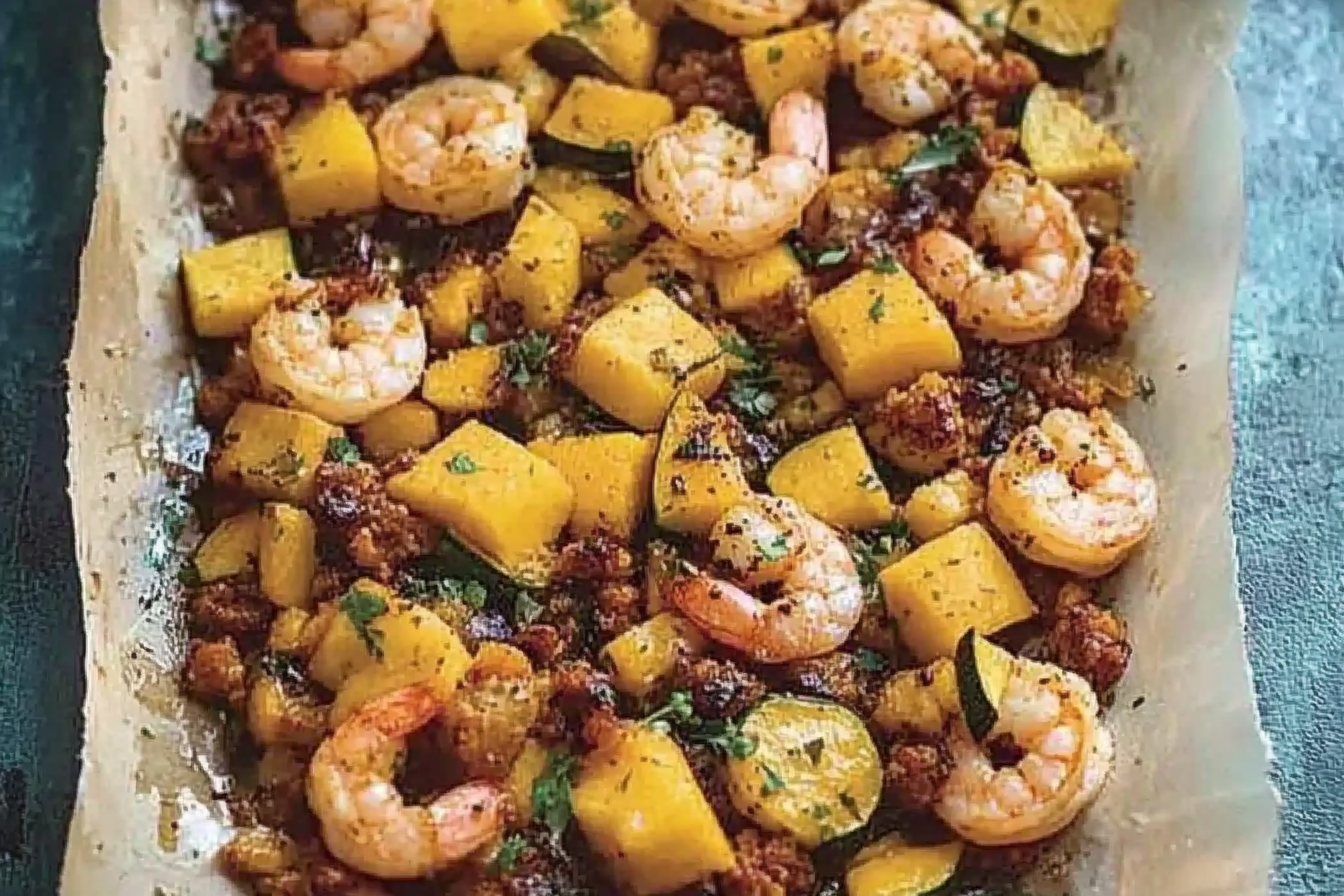 Krewetki z chorizo i mango