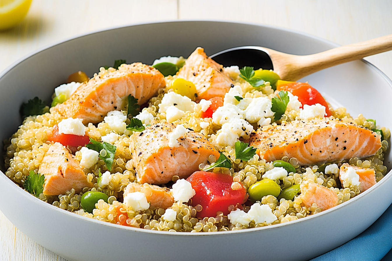 Quinoa z łososiem i fetą
