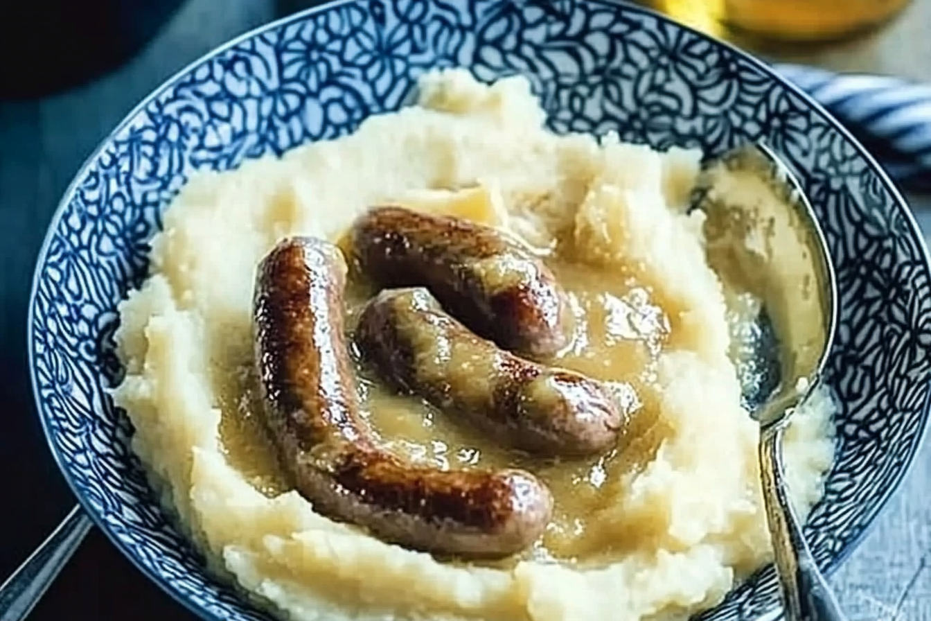 Kiełbaski z puree i sosem
