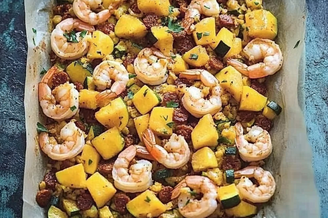 Krewetki z chorizo i mango
