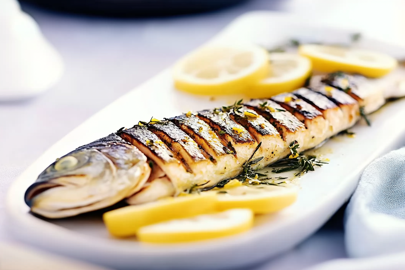 Pstrąg grillowany nadziewany cytryną i ziołami
