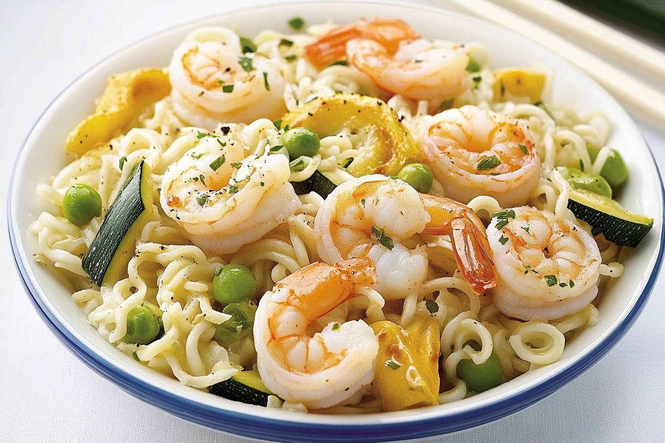 Ramen z krewetkami i cukinią