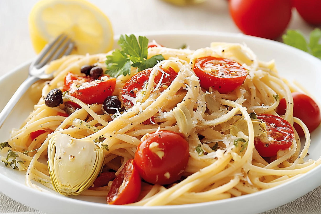 Spaghetti z cytryną, pomidorami i karczochami