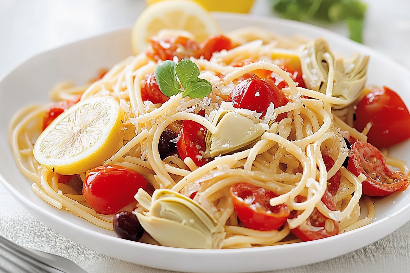 Spaghetti z cytryną, pomidorami i karczochami