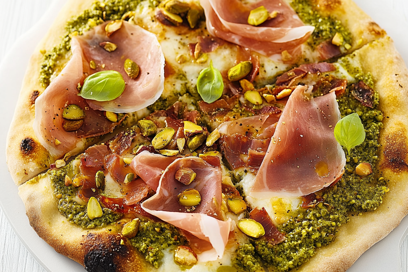 Pizza z pesto pistacjowym i prosciutto