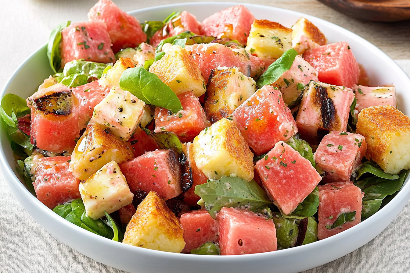 Sałatka panzanella z halloumi i melonem