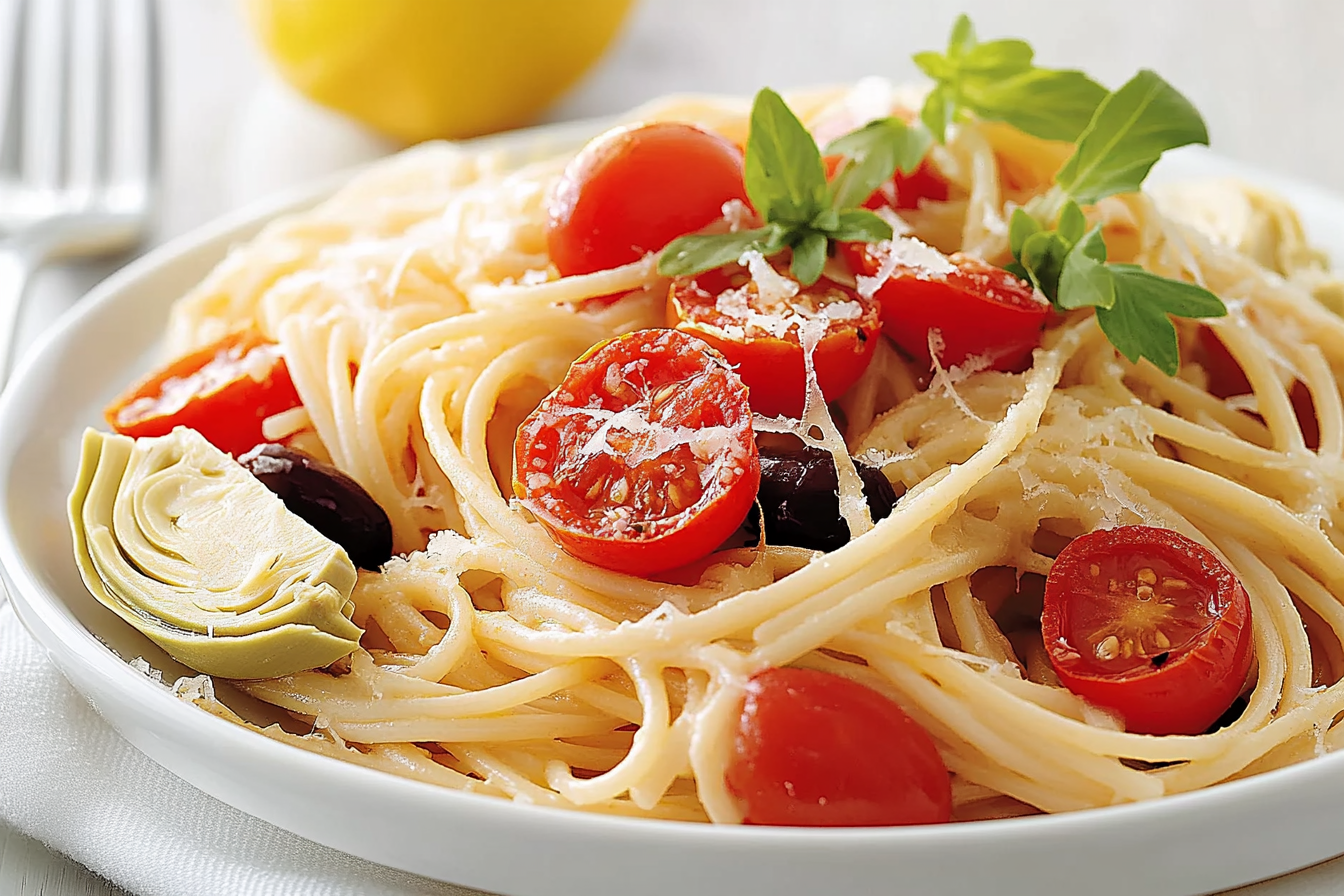 Spaghetti z cytryną, pomidorami i karczochami