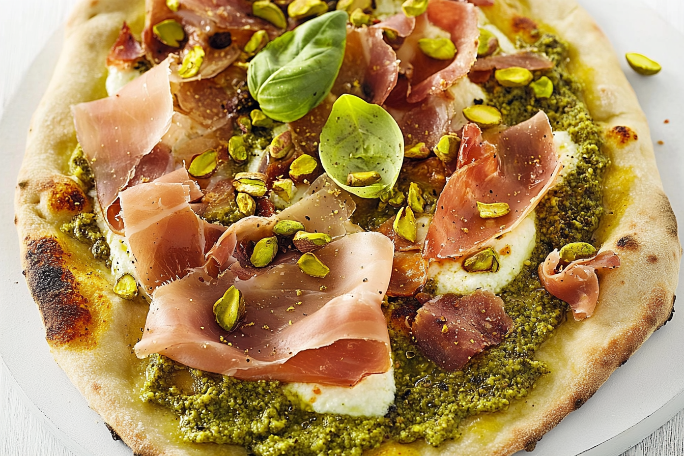 Pizza z pesto pistacjowym i prosciutto