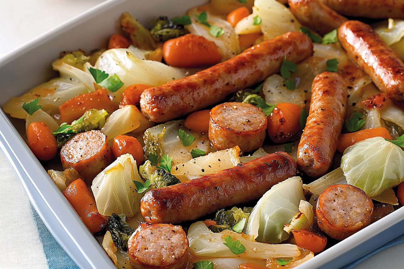 Sausages i kapusta z zupą cebulową