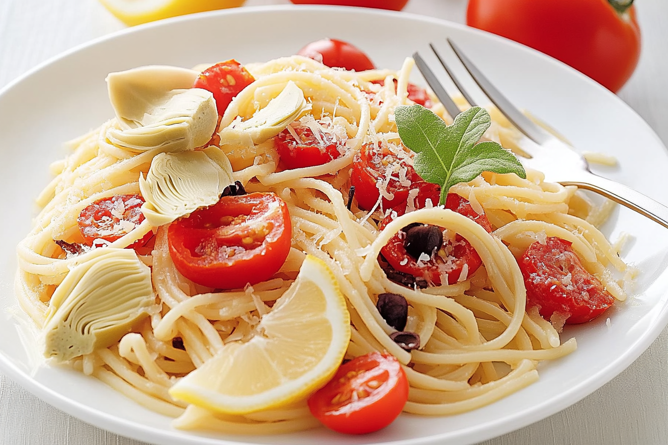 Spaghetti z cytryną, pomidorami i karczochami