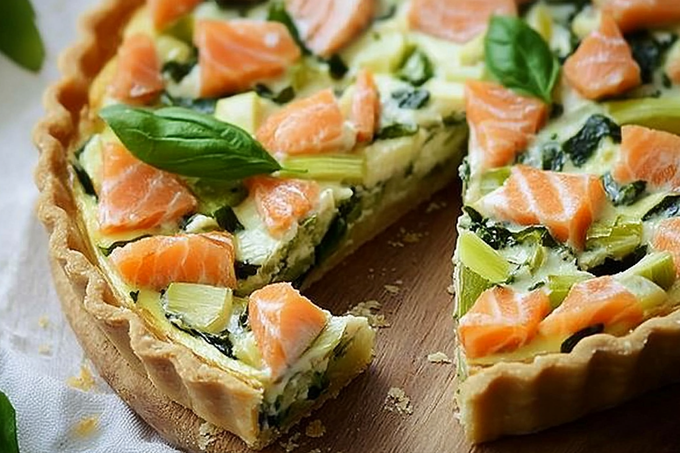 Tarta z porami i wędzonym łososiem